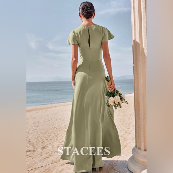 Stacees Sheath V Neck Floor-Length Stretch Satin Bridesmaid Dress - Celadon - Picture 3 of 7